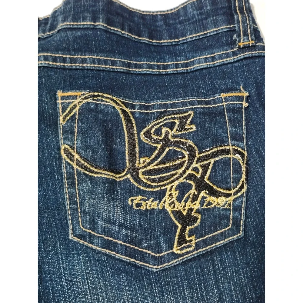 Southpole Y2K Womens Flare Jeans Dark Wash Gold Embroidered Streetwear Size 9